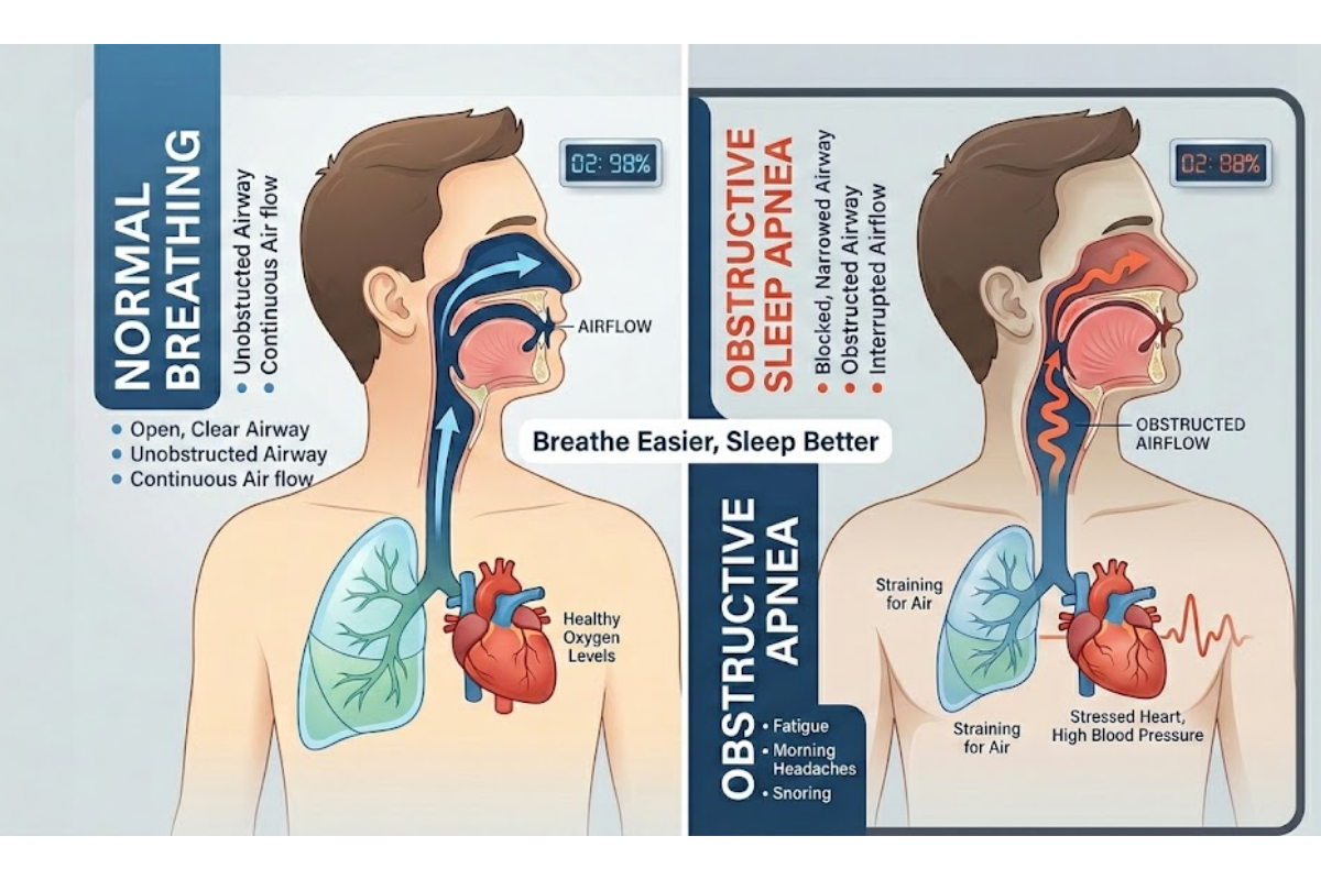 sleep-apnea-vs-normal-breathing-infographic Infographic comparing normal breathing with obstructive sleep apnea showing blocked airway and heart strain.