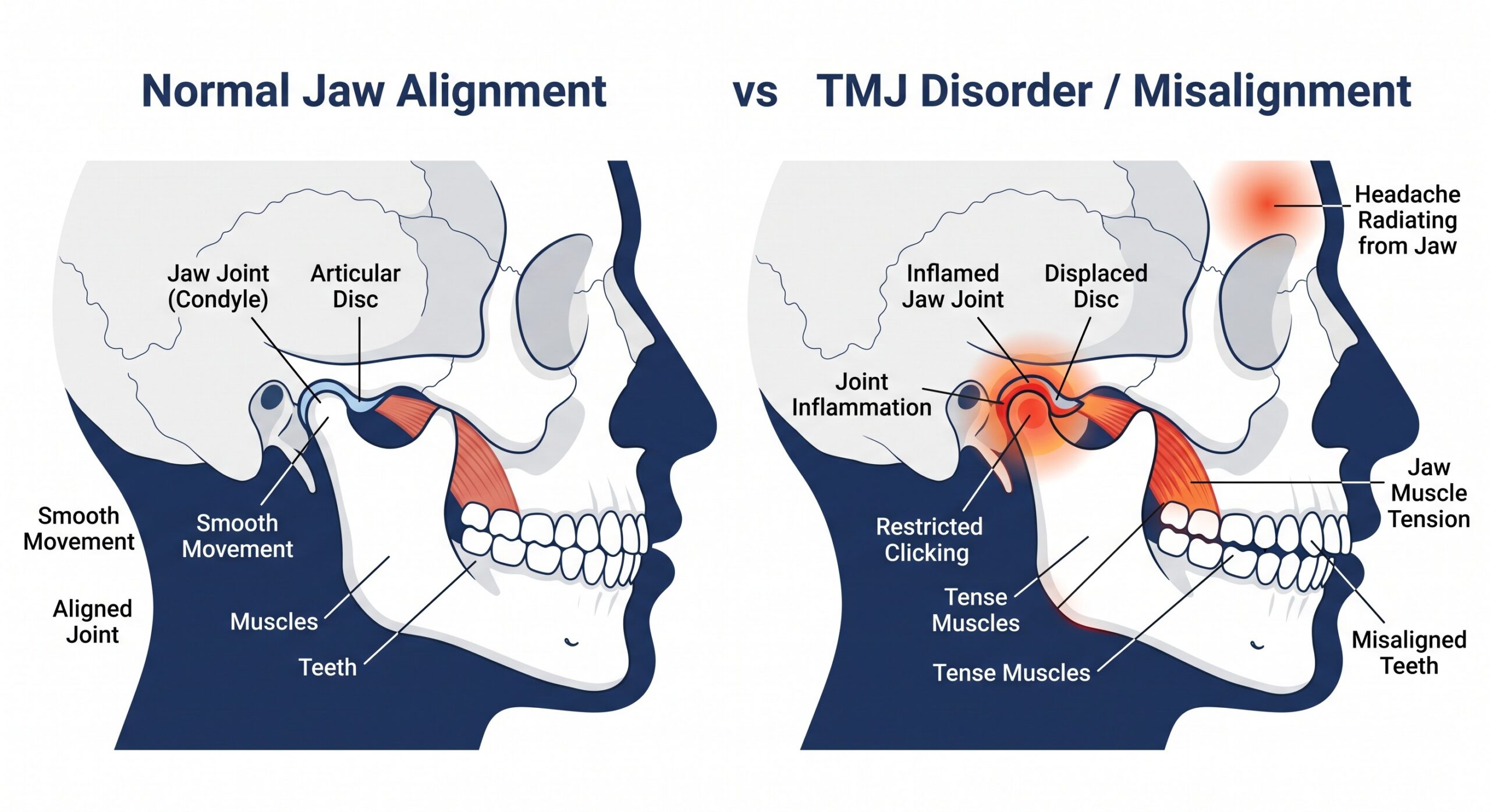 TMJ Therapy & Jaw Pain Relief - Infograph Infographic comparing normal breathing with obstructive sleep apnea showing blocked airway and heart strain.